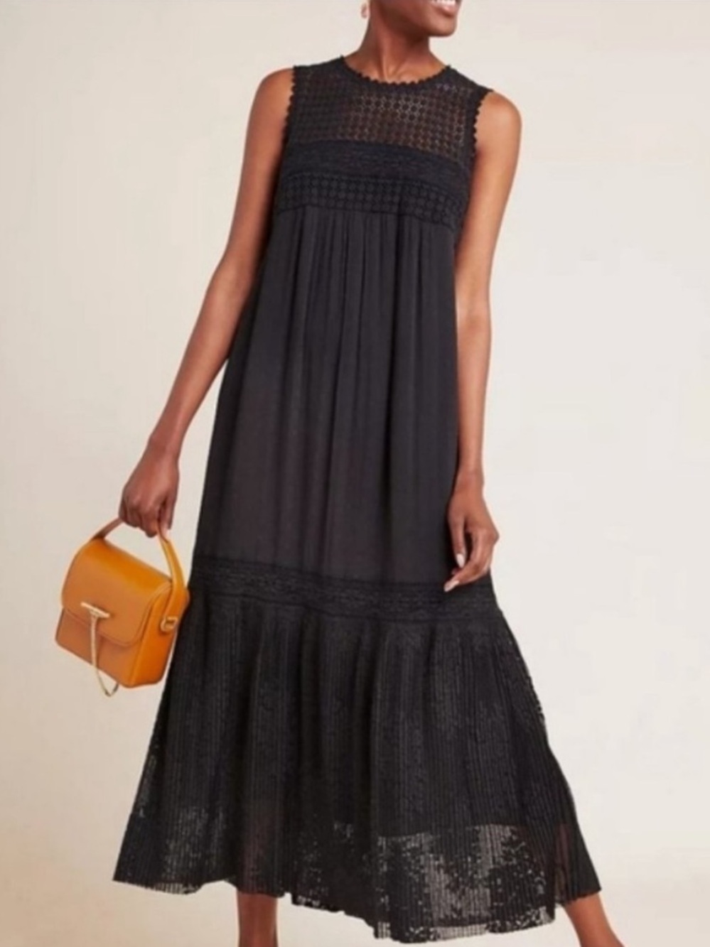 Anthropologie Karina Black Crochet Lace Swiss Dot Maxi Dress